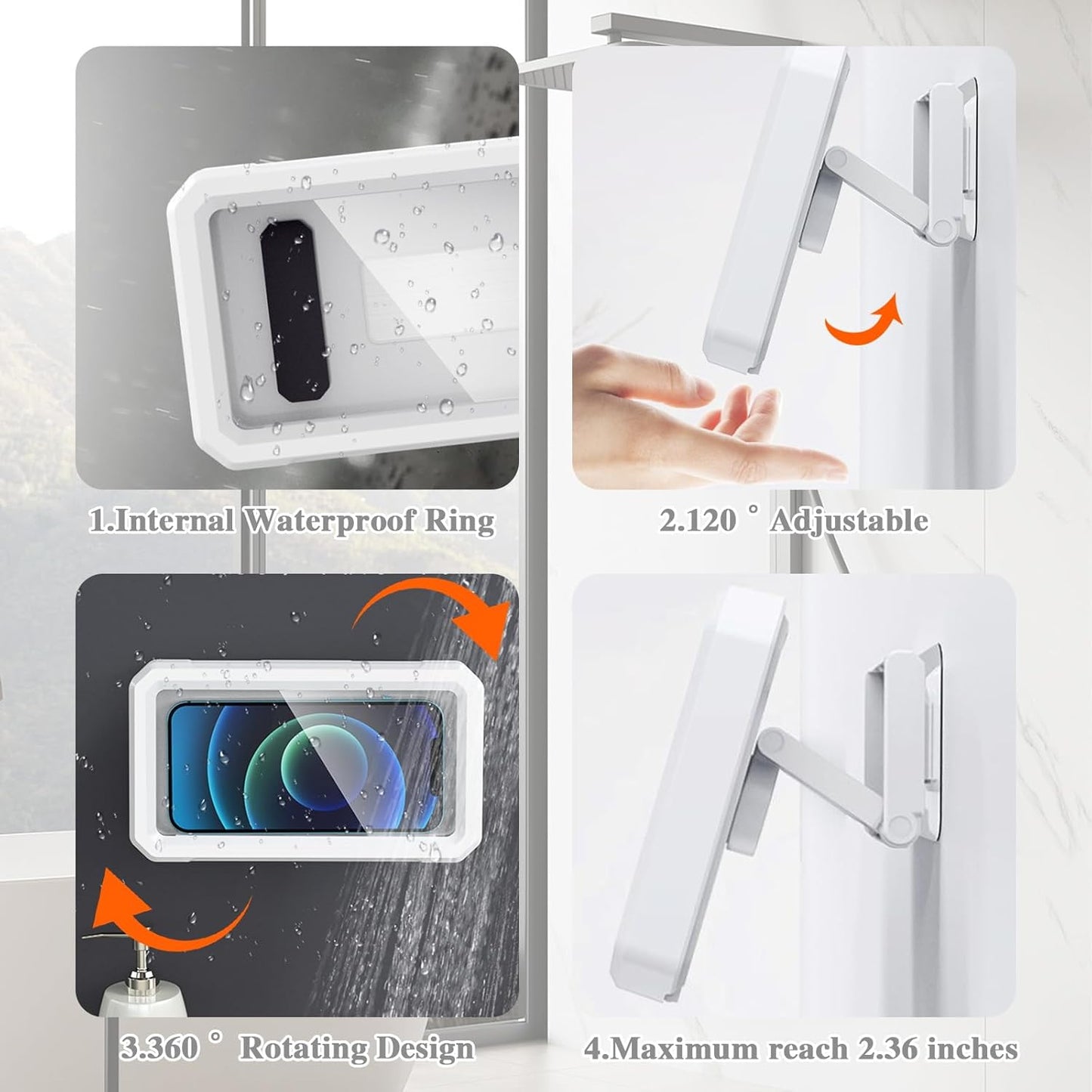 Shower Phone Holder Waterproof Adjustable Rotating Wall Mount Touchscreen Compatible Multi Functional Phone Holder for Shower Bathroom Waterproof Anti Fog Design