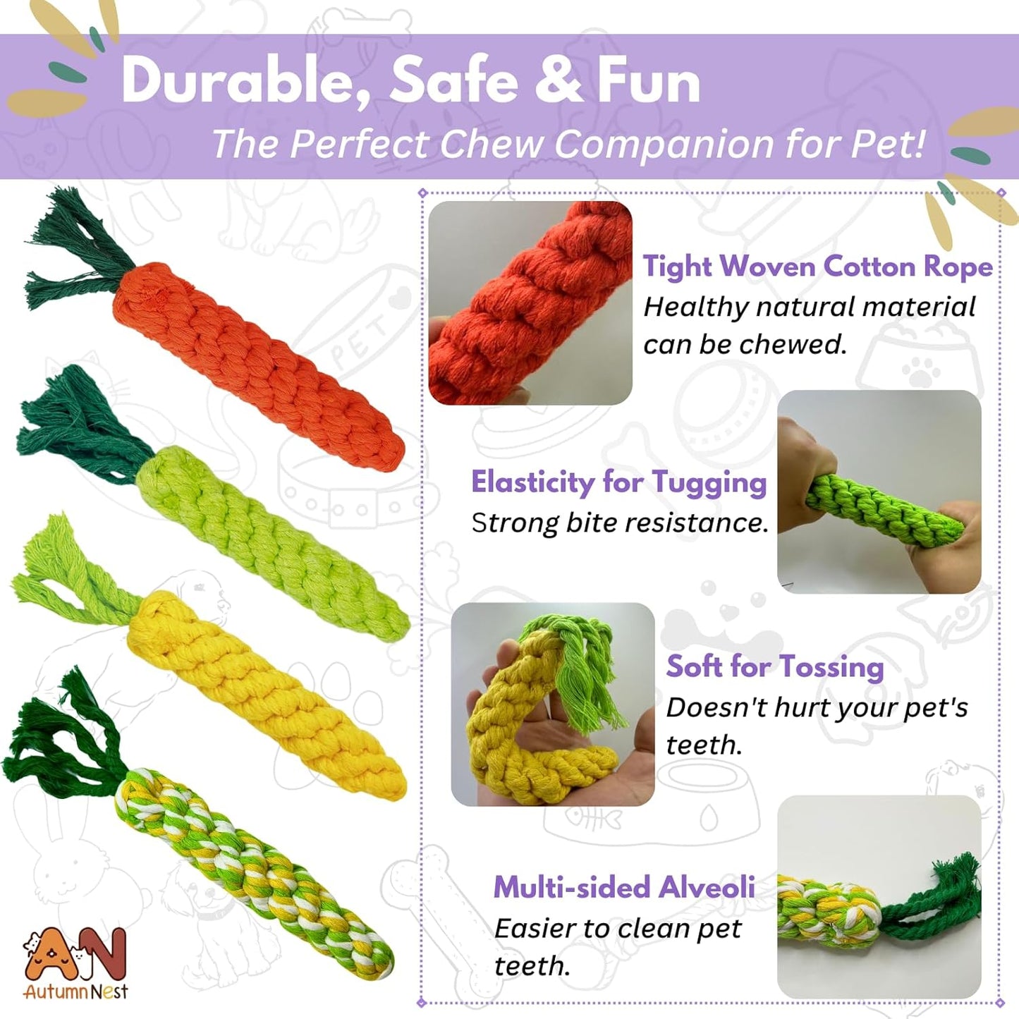 4PCS Mixed Color Woven Pet Chew Set (Yellow, Green, Orange, Rainbow), Dog Chew Toys, Cat Teething Toys, Durable & Safe Interactive Pet Toys