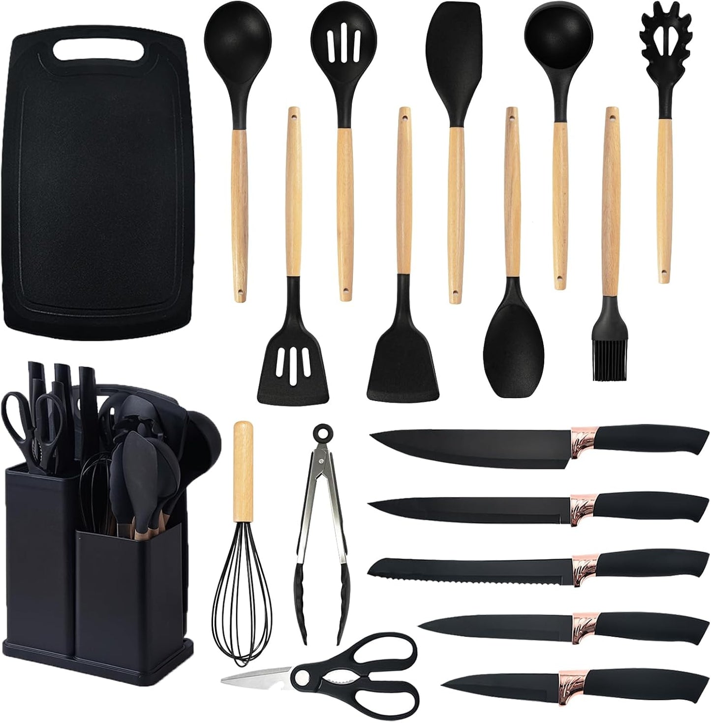 Cooking Utensils Set - 19 Piece Set with 11 Spatulas, 6 Sharp Knives, Silicone Utensils & Cutting Board