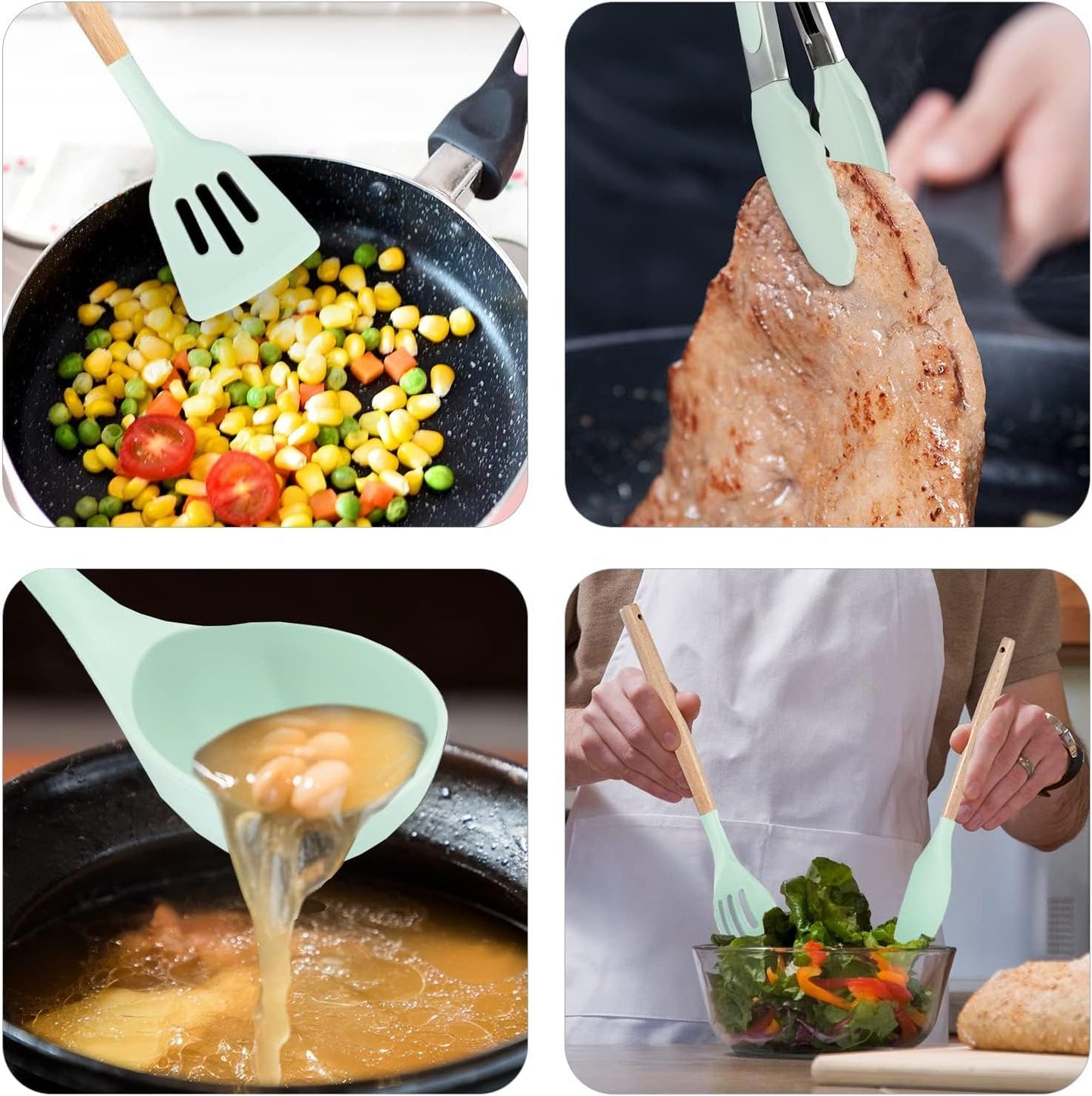 Kitchen Utensils Set, 5 Pcs Non-Stick Silicone Kitchen Cooking Utensils with Wooden Handle, Kitchen Spatula Cookware Utensils Set, Heat Resistant Silicone Kitchen Gadgets