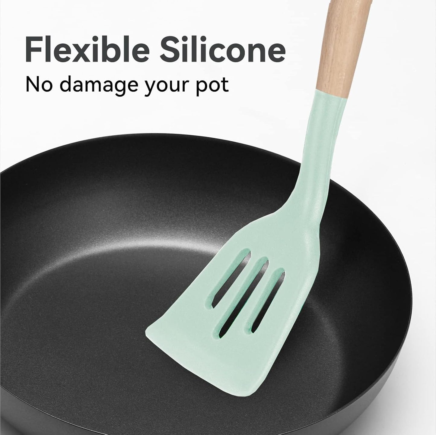Kitchen Utensils Set, 5 Pcs Non-Stick Silicone Kitchen Cooking Utensils with Wooden Handle, Kitchen Spatula Cookware Utensils Set, Heat Resistant Silicone Kitchen Gadgets