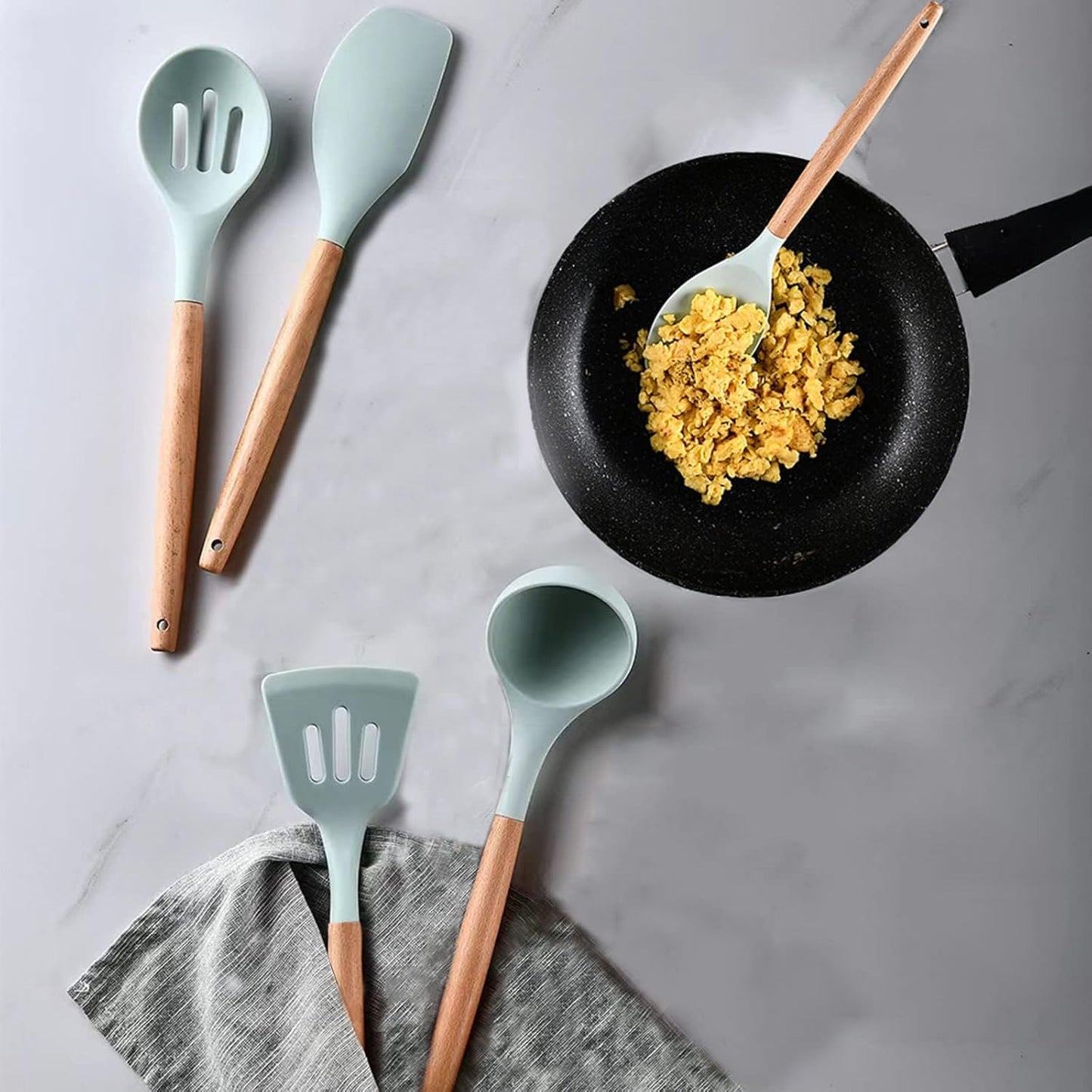 Kitchen Utensils Set, 5 Pcs Non-Stick Silicone Kitchen Cooking Utensils with Wooden Handle, Kitchen Spatula Cookware Utensils Set, Heat Resistant Silicone Kitchen Gadgets