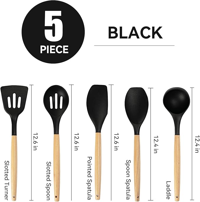 Kitchen Utensils Set, 5 Pcs Non-Stick Silicone Kitchen Cooking Utensils with Wooden Handle, Kitchen Spatula Cookware Utensils Set, Heat Resistant Silicone Kitchen Gadgets