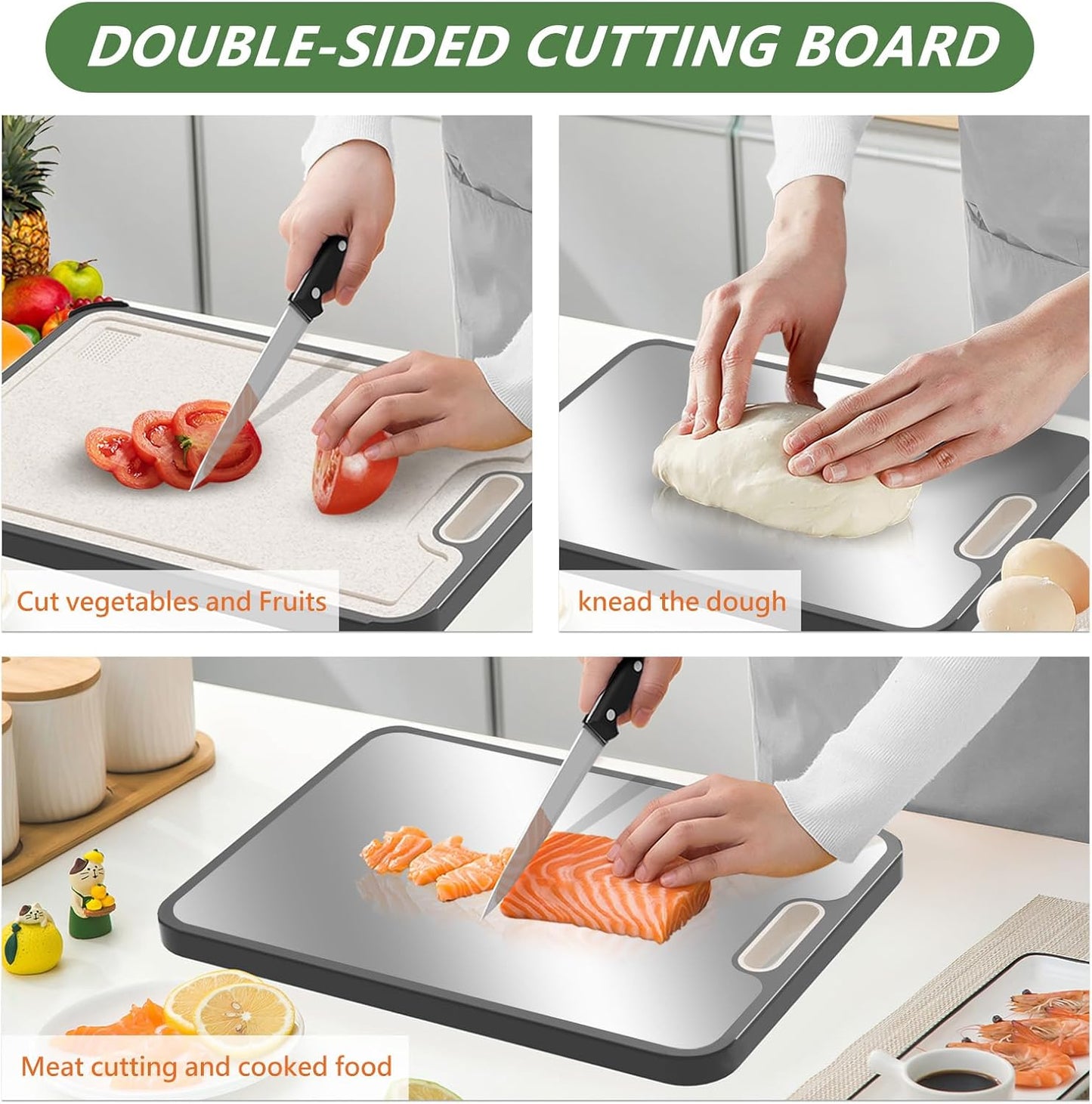 Cutting Board Double Sided With knife,HI NINGER 304 Stainless Steel Cutting Board for Kitchen,Food-Grade, Stainless Steel and Wheat Straw PP,Easy to Clean Large Cutting Board,non toxic Chopping Board