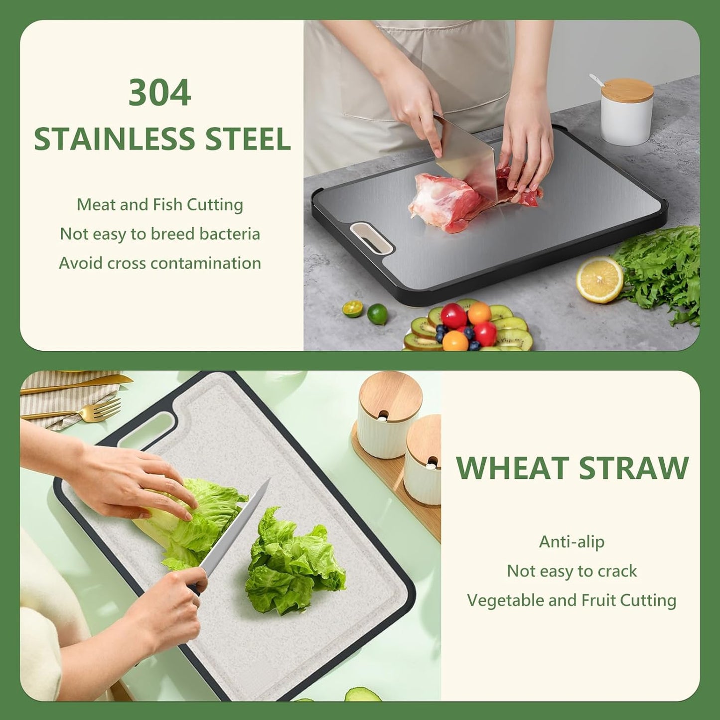 Cutting Board Double Sided With knife,HI NINGER 304 Stainless Steel Cutting Board for Kitchen,Food-Grade, Stainless Steel and Wheat Straw PP,Easy to Clean Large Cutting Board,non toxic Chopping Board