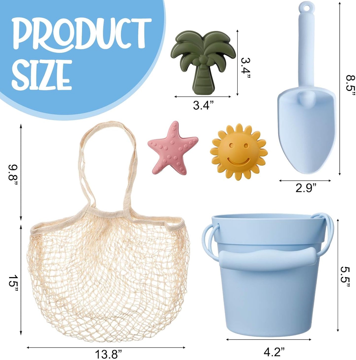14 Pcs Silicone Beach Toys Travel Beach Set Sand Toys Include 2 Silicone Bucket Pail, 2 Shovel, 9 Sand Molds, 1 Beach Bag for Boys Girls Summer Pool Outdoor Bath Toys