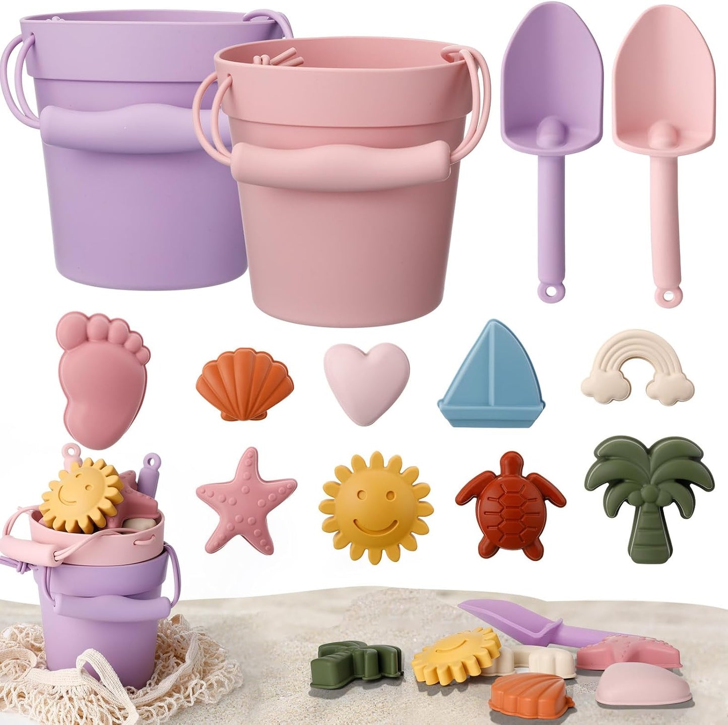 14 Pcs Silicone Beach Toys Travel Beach Set Sand Toys Include 2 Silicone Bucket Pail, 2 Shovel, 9 Sand Molds, 1 Beach Bag for Boys Girls Summer Pool Outdoor Bath Toys