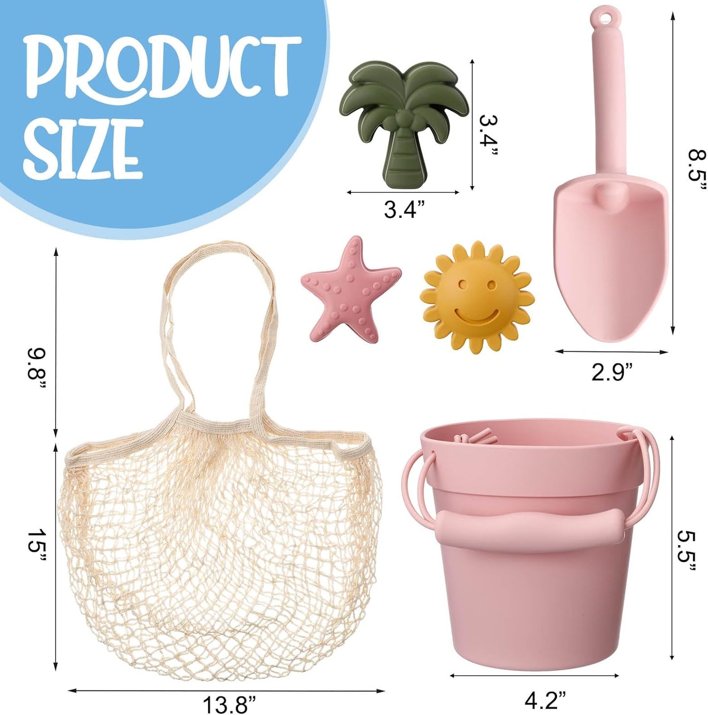 14 Pcs Silicone Beach Toys Travel Beach Set Sand Toys Include 2 Silicone Bucket Pail, 2 Shovel, 9 Sand Molds, 1 Beach Bag for Boys Girls Summer Pool Outdoor Bath Toys