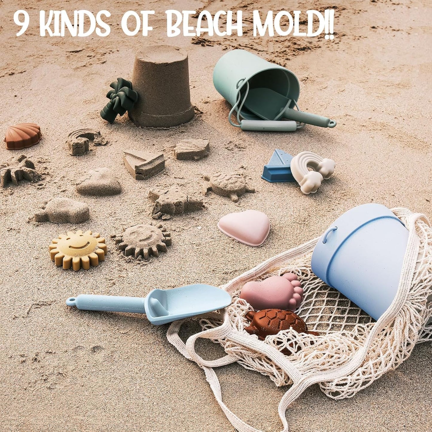 14 Pcs Silicone Beach Toys Travel Beach Set Sand Toys Include 2 Silicone Bucket Pail, 2 Shovel, 9 Sand Molds, 1 Beach Bag for Boys Girls Summer Pool Outdoor Bath Toys