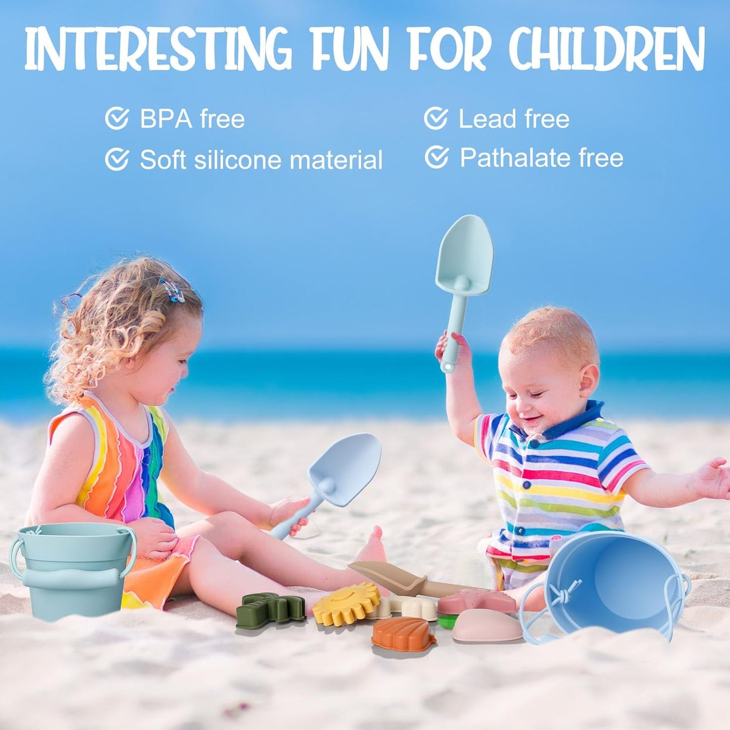 14 Pcs Silicone Beach Toys Travel Beach Set Sand Toys Include 2 Silicone Bucket Pail, 2 Shovel, 9 Sand Molds, 1 Beach Bag for Boys Girls Summer Pool Outdoor Bath Toys