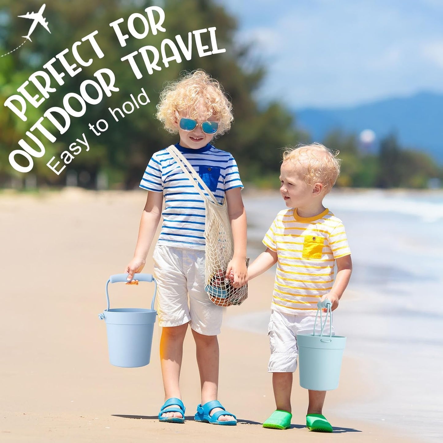 14 Pcs Silicone Beach Toys Travel Beach Set Sand Toys Include 2 Silicone Bucket Pail, 2 Shovel, 9 Sand Molds, 1 Beach Bag for Boys Girls Summer Pool Outdoor Bath Toys