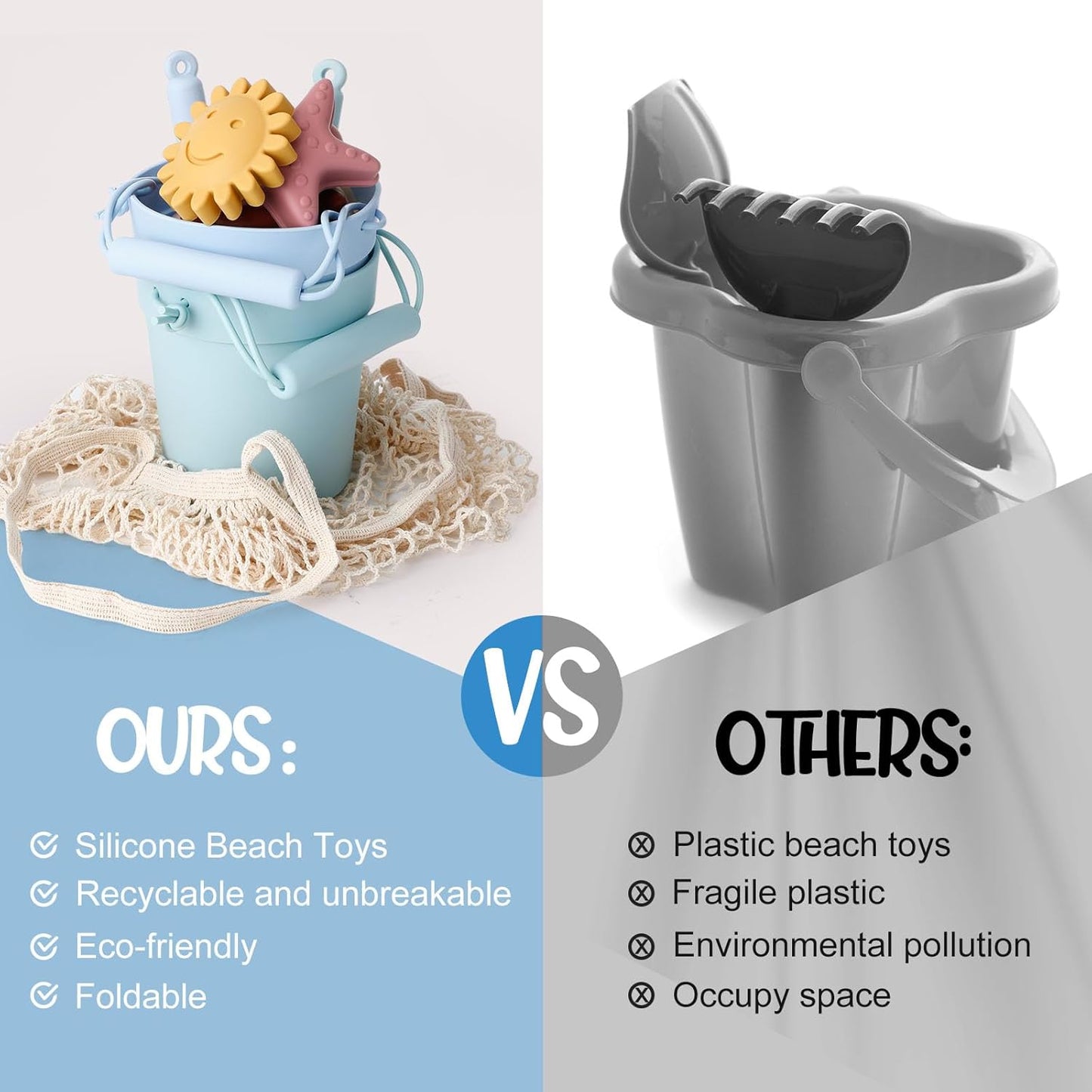 14 Pcs Silicone Beach Toys Travel Beach Set Sand Toys Include 2 Silicone Bucket Pail, 2 Shovel, 9 Sand Molds, 1 Beach Bag for Boys Girls Summer Pool Outdoor Bath Toys