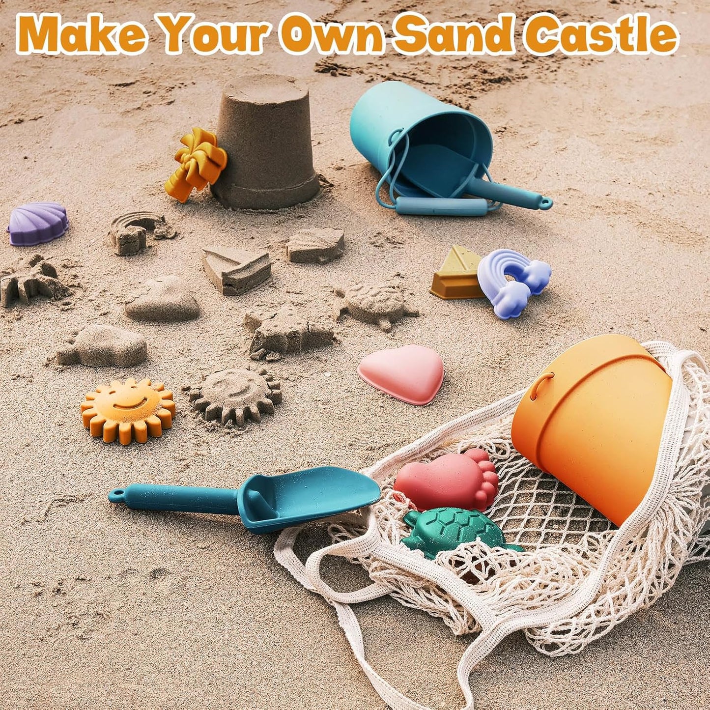 14 Pcs Silicone Beach Toys Travel Beach Set Sand Toys Include 2 Silicone Bucket Pail, 2 Shovel, 9 Sand Molds, 1 Beach Bag for Boys Girls Summer Pool Outdoor Bath Toys