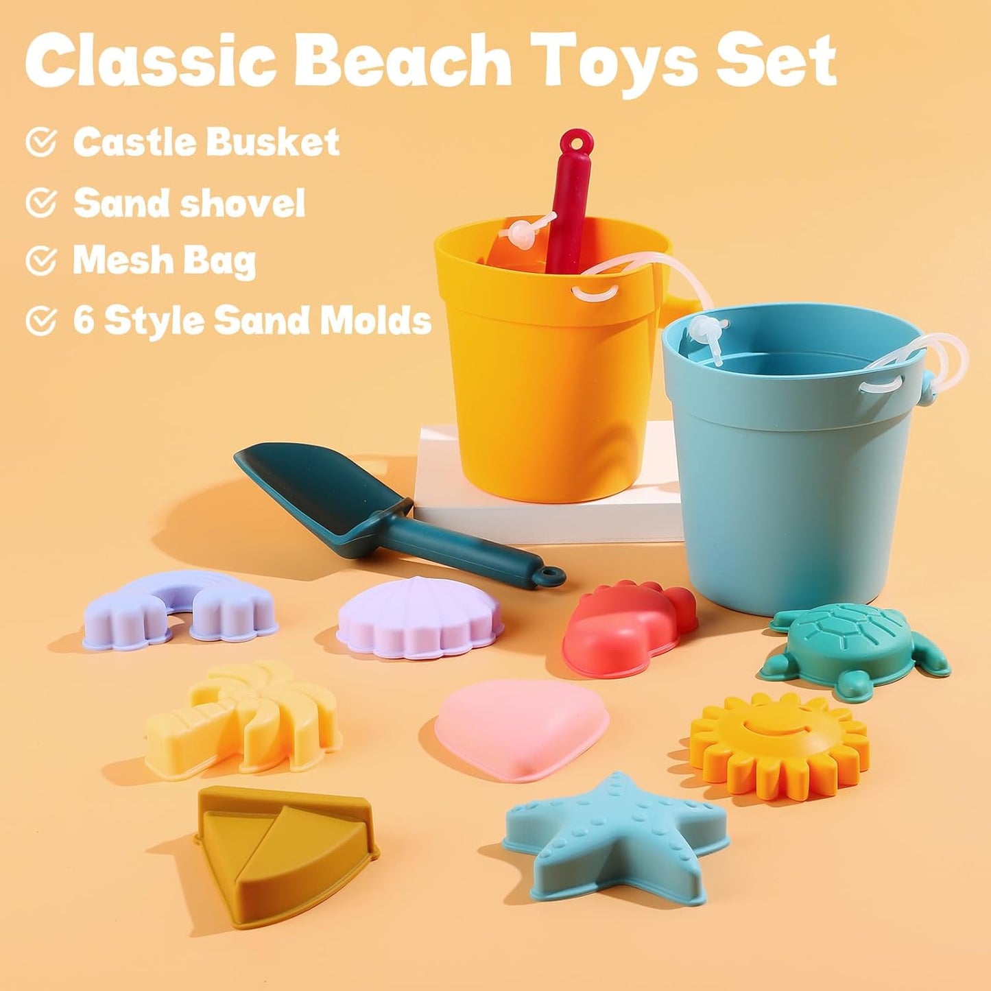 14 Pcs Silicone Beach Toys Travel Beach Set Sand Toys Include 2 Silicone Bucket Pail, 2 Shovel, 9 Sand Molds, 1 Beach Bag for Boys Girls Summer Pool Outdoor Bath Toys