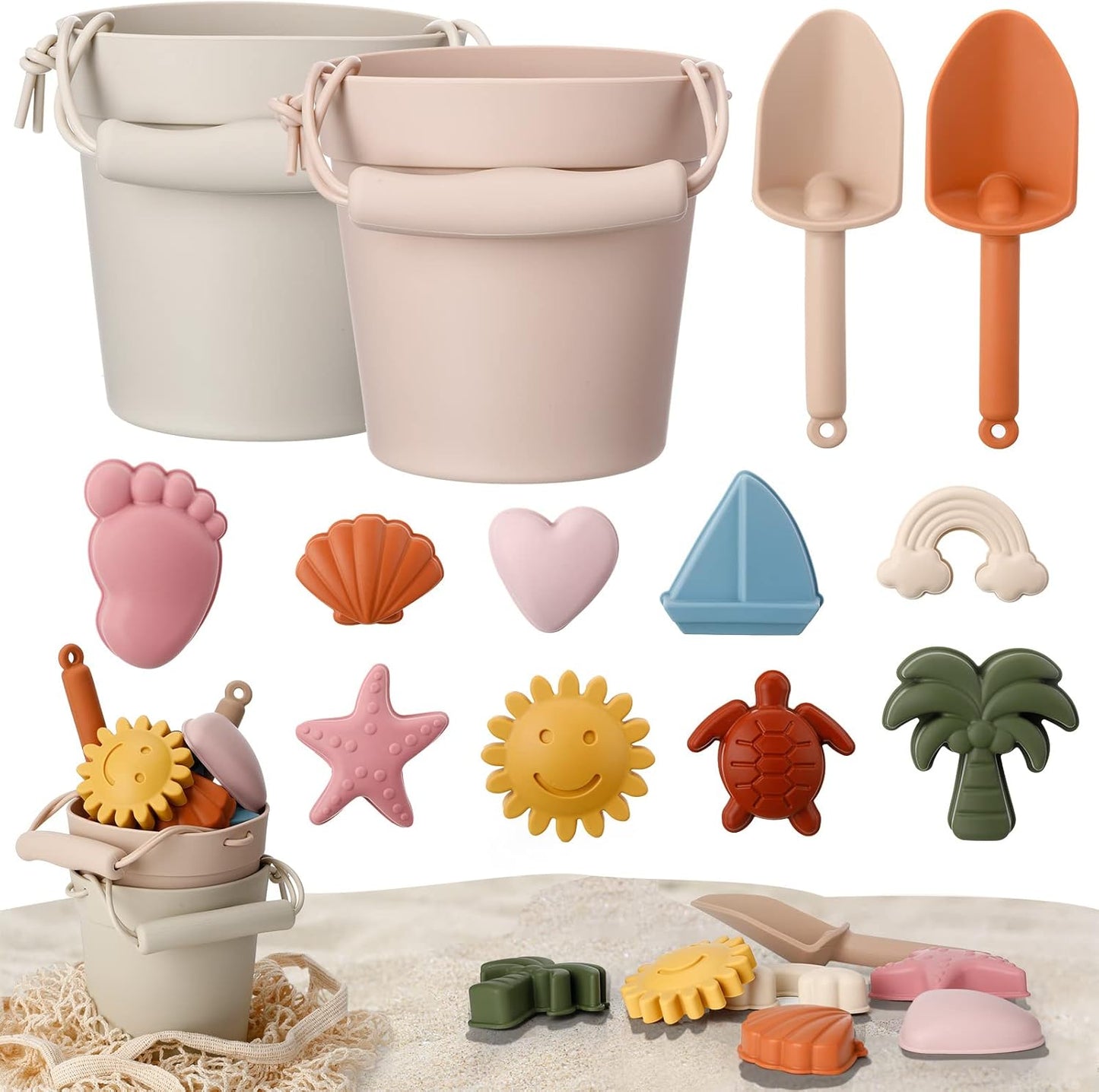 14 Pcs Silicone Beach Toys Travel Beach Set Sand Toys Include 2 Silicone Bucket Pail, 2 Shovel, 9 Sand Molds, 1 Beach Bag for Boys Girls Summer Pool Outdoor Bath Toys