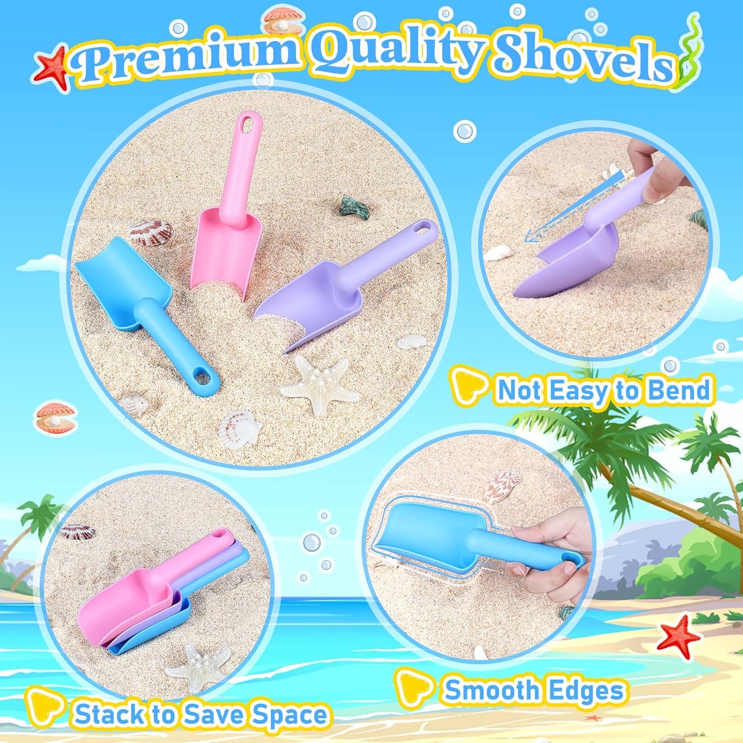 Collapsible Beach Buckets for Kids, Foldable Sand Buckets and Shovels with Mesh Bag, Silicone Sand Pails Travel Beach Toys for Toddlers Easter Egg Hunt, Camping and Fishing Water Pail