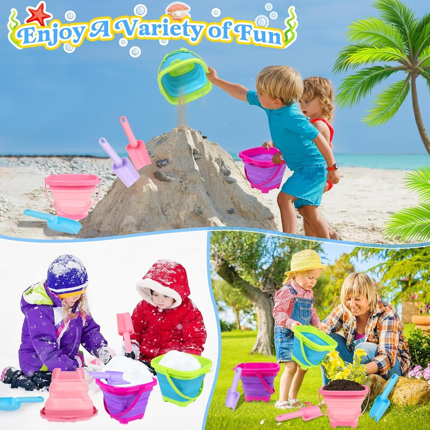 Collapsible Beach Buckets for Kids, Foldable Sand Buckets and Shovels with Mesh Bag, Silicone Sand Pails Travel Beach Toys for Toddlers Easter Egg Hunt, Camping and Fishing Water Pail