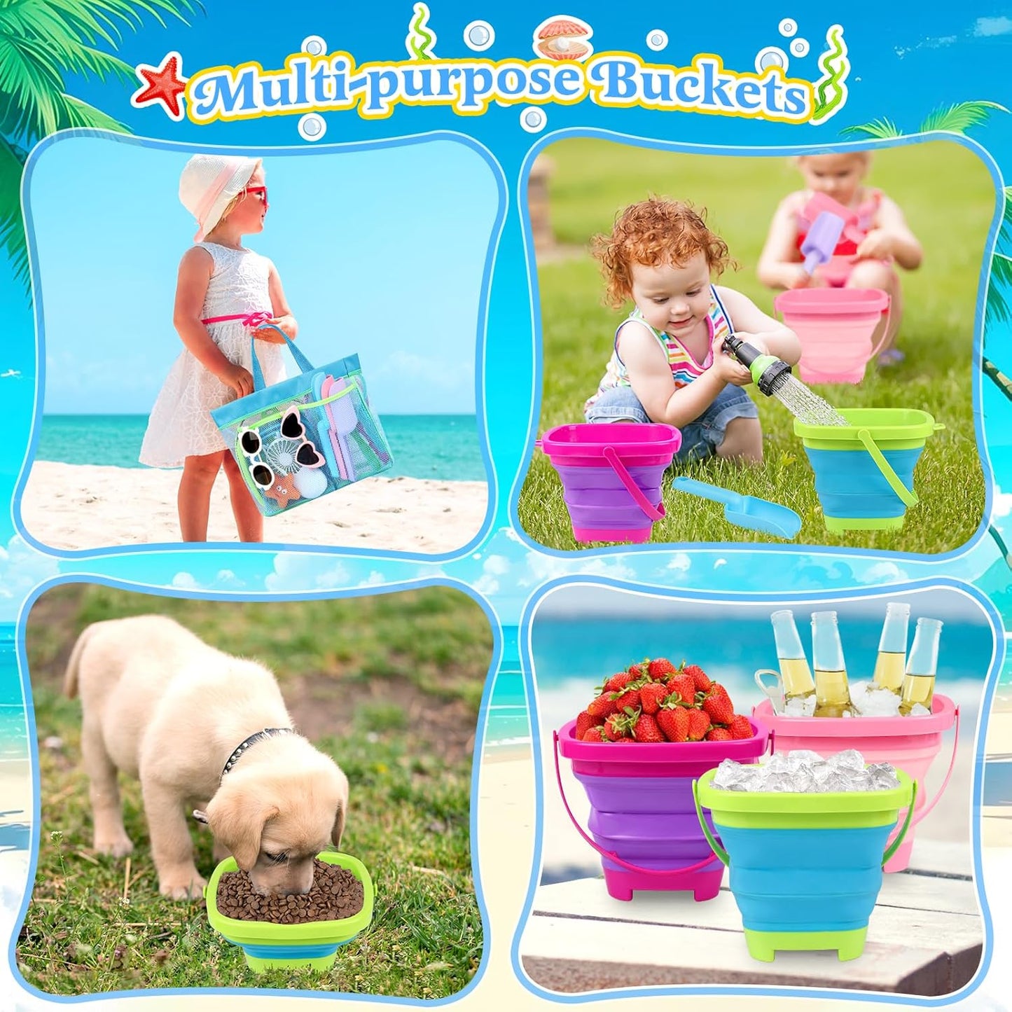 Collapsible Beach Buckets for Kids, Foldable Sand Buckets and Shovels with Mesh Bag, Silicone Sand Pails Travel Beach Toys for Toddlers Easter Egg Hunt, Camping and Fishing Water Pail