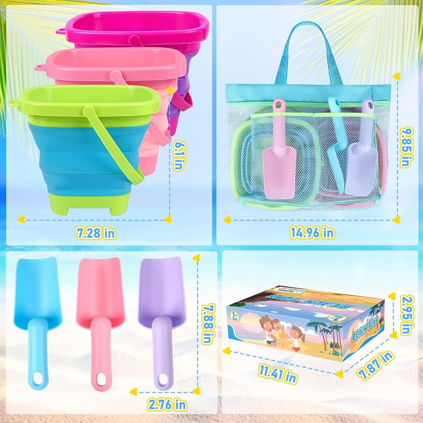 Collapsible Beach Buckets for Kids, Foldable Sand Buckets and Shovels with Mesh Bag, Silicone Sand Pails Travel Beach Toys for Toddlers Easter Egg Hunt, Camping and Fishing Water Pail