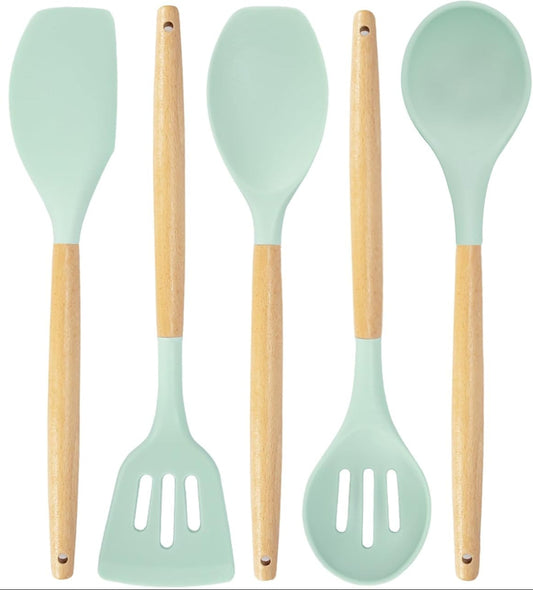 Kitchen Utensils Set, 5 Pcs Non-Stick Silicone Kitchen Cooking Utensils with Wooden Handle, Kitchen Spatula Cookware Utensils Set, Heat Resistant Silicone Kitchen Gadgets