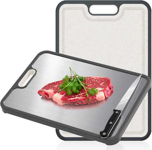 Cutting Board Double Sided With knife,HI NINGER 304 Stainless Steel Cutting Board for Kitchen,Food-Grade, Stainless Steel and Wheat Straw PP,Easy to Clean Large Cutting Board,non toxic Chopping Board