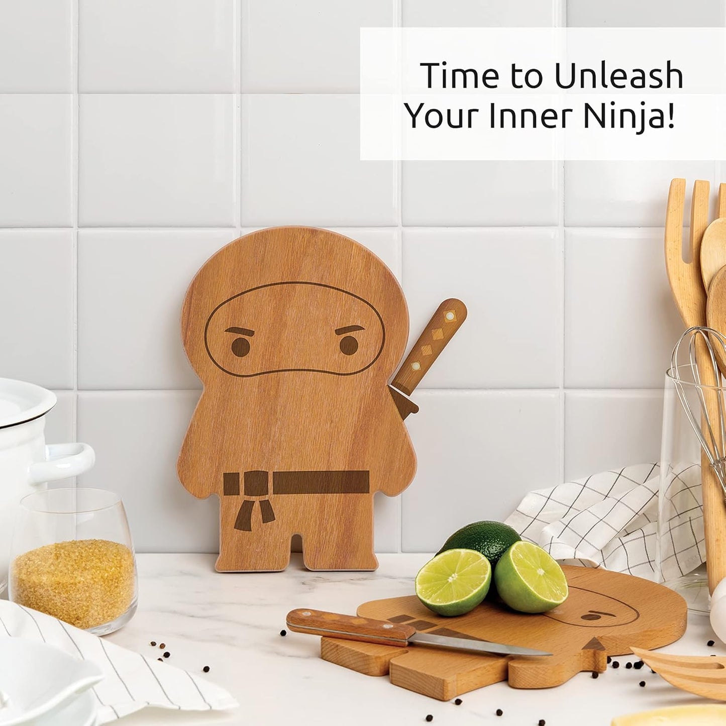 Cutting Board Wooden & Plastic Cutting Boards for Kitchen, Fun & Spooky Kitchen Gadgets, Housewarming & Goth Gifts, Dishwasher Safe (Ninja, Wood)