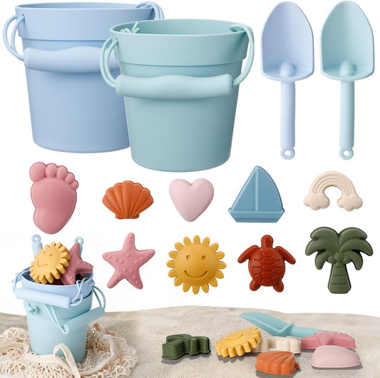 14 Pcs Silicone Beach Toys Travel Beach Set Sand Toys Include 2 Silicone Bucket Pail, 2 Shovel, 9 Sand Molds, 1 Beach Bag for Boys Girls Summer Pool Outdoor Bath Toys